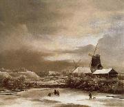 Jacob van Ruisdael Winter landscape with two windmill Germany oil painting artist